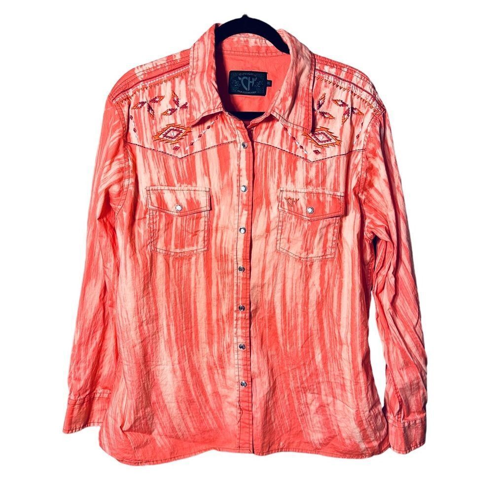 Cowgirl Hardware Pink Peach Western Embroidered Snap Button Up Sz XL